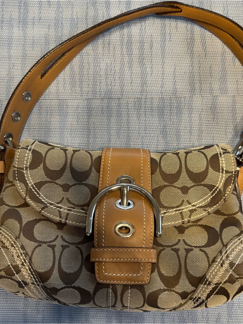 Coach Soho Signature Jacquard Flap Buckled Signature Bag - Tan & Brown